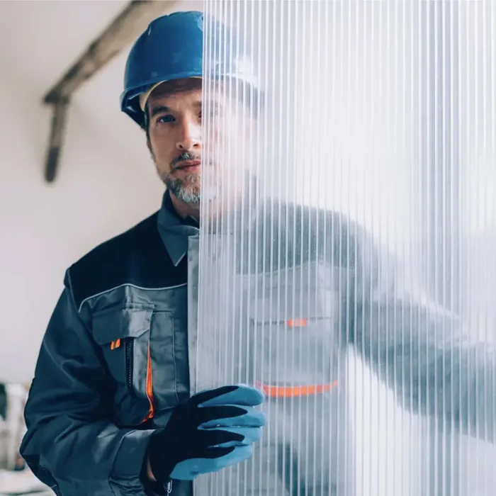 Technician in a hard hat carrying translucent panelling